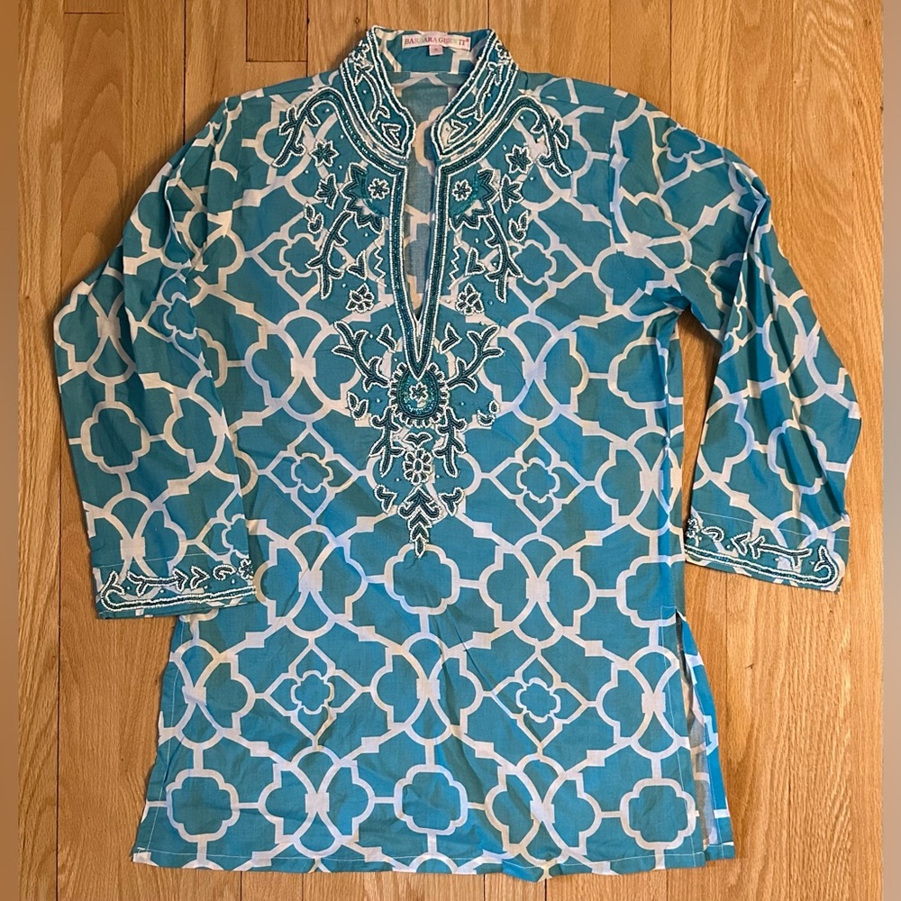 Barbara Gerwit Teal & White Patterned Beaded Long-Sleeved Tunic, Size Small